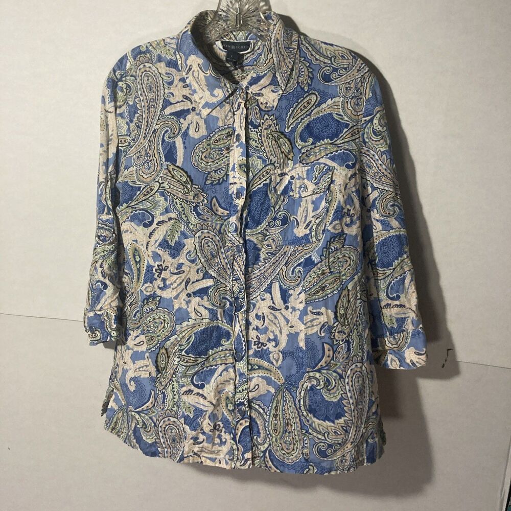 KAREN SCOTT blue multicolor paisley roll tab 3/4 sleeves button front top L